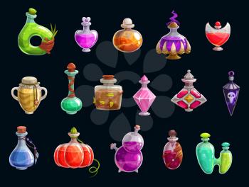 Witch potions, halloween party attributes, magic. Vector elixir of love and death, magical changes, bottles and flasks of color liquids. Trick or treat, autumn holiday, evil character accessories