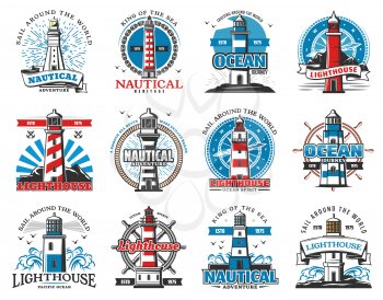 Lighthouse heraldic icons, seafarer marine safety sailing and sailor adventure heritage. Vector sea beacon with light beams, seagulls and anchor, ship helm and compass navigator