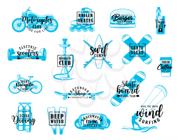 Sport hobby, recreation activities and entertainment lettering icons. Vector motorcycle and roller skates club, winter skateboarding and scuba diving, windsurfing and bicycle, burger and hookah bar