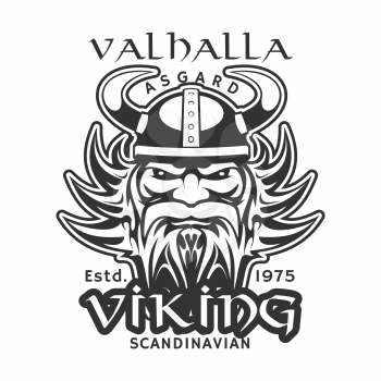 Viking warrior, Scandinavian t-shirt print. Vector medieval scandinavian knight man with beard in horn helmet, Norse or Nordic viking warrior sign, vintage ancient history symbol