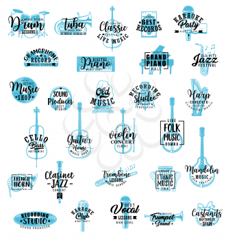 Musical instruments and festival lettering icons. Vector gramophone, vinyl record, saxophone and guitar, trombone and harp, piano and tuba, violin music concert sign and folk dombra or horn