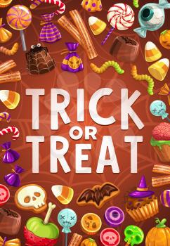 Halloween trick or treat candies and sweets, vector design. Spider net with frame of chocolate candies, jellies and pumpkin cakes, corn cupcakes and gummy worms with bats, eyeballs and zombie brains