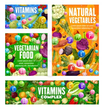 Vegetables and vitamins, natural healthy vegetarian food, vector. Vitamins complex in farm carrot, pumpkin and celery, tomato and zucchini squash, beet and turnip, onion, eggplant, garlic and broccoli