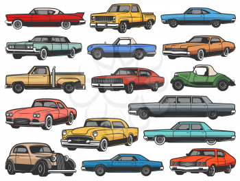 Vintage vector retro cars and vehicle isolated objects. Old classic and antique vehicle models of muscle sport rally car, truck and cabriolet, coupe or convertible sedan, retro transport