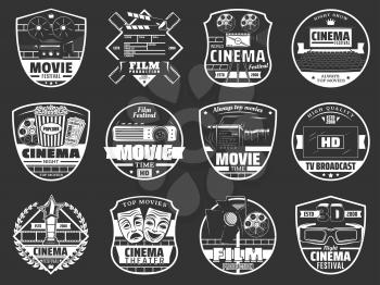 Movie festival, cinema theater premiere night and TV broadcast company. Vector cinematography icons of movie producer clapperboard, HD video camera and cinema 3D glasses, popcorn and projector