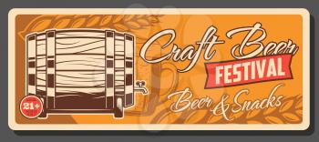 Craft beer festival, Oktoberfest party vintage poster. Vector draught craft beer wooden barrel, wheat and barley hop with beer pint mug, premium brewery and brewing house fest