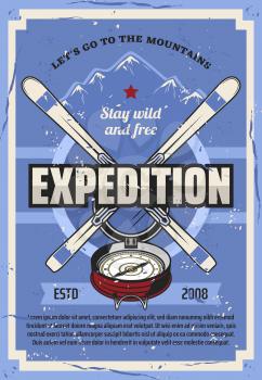 Winter mountain expedition, extreme travel trips adventure vintage poster. Vector mountaineering and outdoor hiking camp club tourism, snow mountain peak, skies and nature exploration compass
