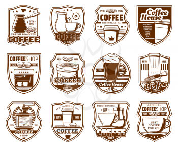 Coffeeshop, cafe or cafeteria signs, coffeehouse drinks icons. Vector premium quality crown, coffee maker machine, beans and latte steam in takeaway cup, grinder with sugar and milk mug