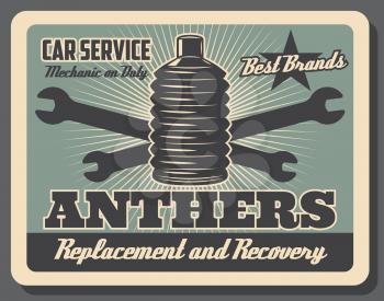 Car service center vintage poster, automobile chassis spare parts shop. Vector car hinge anthers replacement and recovery, vehicle mechanic repair wrenches and automotive garage station