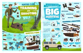 Hunting infographic, African safari hunt wild animals and hunter ammo. Vector hunting club training and shooting equipemnt, wold hunt ammunition items and trophy animals information