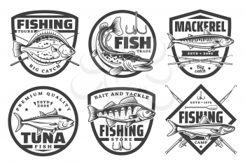 Fishing camp club, fisherman fish catch tours and tackles equipment store icons. Vector sea and ocean fishing trips, baits and rods for flounder, mackerel or pike and tuna fish catch on rod hook