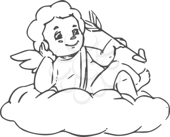 Cupid lying on cloud, isolated God of love. Vector Amur with arrow, outline winged boy