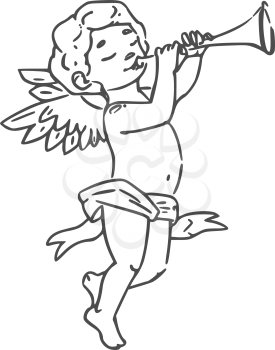 Valentines day symbol, Cupid boy playing on trumpet isolated. Vector naked Amur with wings