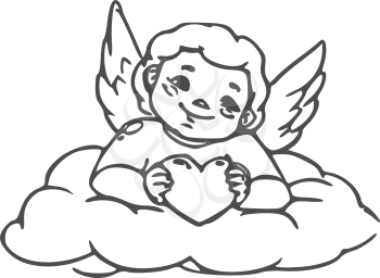 Romantic Cupid with heart in hands isolated on cloud. Vector winged Amur, symbol of love
