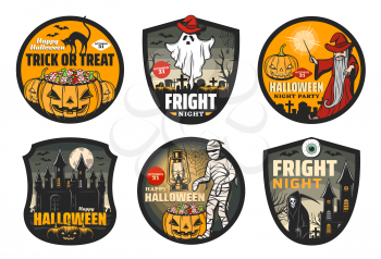 Halloween horror night badges with vector pumpkins, ghost and bats, moon, spider net and witch black cat, mummy, death skeleton and evil wizard, spooky haunted house and graveyard with gravestones