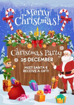 Christmas party invitation vector design with Santa, elf and Xmas gifts, New Year festive garland, presents and bell, balls and candies, snow, holly berry and red ribbon bow. Winter holidays themes