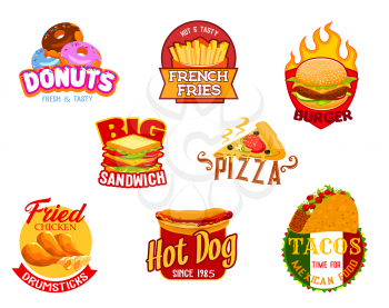 Fast food icons of vector burger, pizza and hamburger, sandwich, hot dog and mexican taco, fried chicken, french fries and glazed donut. Fast food restaurant, cafe, pizzeria and bistro emblems design