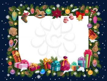 Christmas tree and gifts garland vector frame with New Year presents, bell and ribbon bow, balls, candies and stocking, snowflake and gingerbread with copy space in center. Winter holidays design