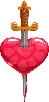 Sword in bleeding heart isolated tattoo design. Vector symbol of love stabbed by dagger