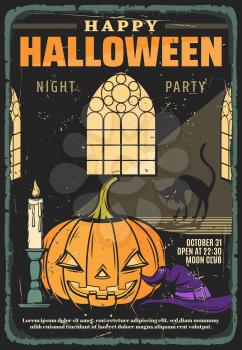 Halloween pumpkin, witch hat and scary black cat, candle and horror monster lantern in haunted house vector design. Halloween night trick or treat party invitation retro poster