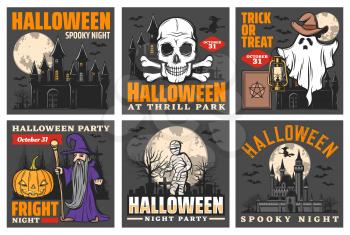 Halloween haunted house with night monsters vector design. Horror ghost, witch and pumpkin, moon, skeleton skull and bones, mummy and evil wizard with spellbook on graveyard retro posters