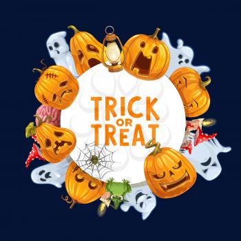 Halloween trick or treat vector frame with pumpkins, horror ghosts and spider net, zombie brain, spooky frog, witch hat and candles border. Autumn holiday greeting card design