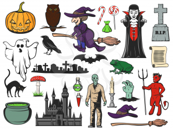Halloween pumpkin, ghost and bat, witch, owl and zombie icons. Vector trick or treat candies, Dracula vampire and devil, potion cauldron, black cat and graveyard, witch hat, broom and gravestone