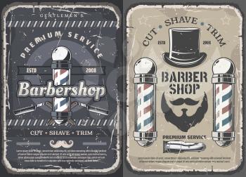 Barbershop vintage posters, premium men haircutter, mustache and beard shaving salon. Vector barber shop pole sign, razor blades and gentlemen hat with mustaches and beard, trimmer or hair clipper