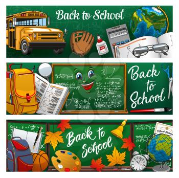Back to school lettering on green blackboard, stationery tools and 1st September symbols. Vector school bus and baseball glove, PT lesson equipment. Maths formulas and textbook on geometry, backpacks