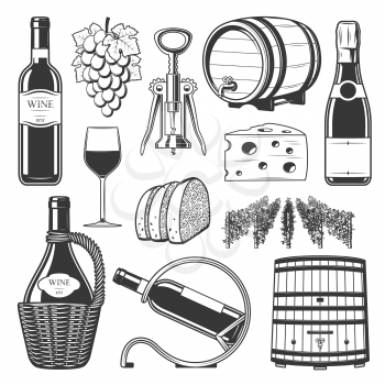 Wine production, winemaking and wine drinking culture icons. Vector winery wooden barrel, vintage grape vine harvest, champagne or sparkling wine with corkscrew, bread and cheese snacks