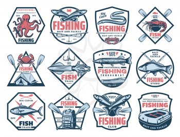 Fishing outdoor adventure icons, tuna, trout and eel big fish catch tournament. Vector fisherman store signs, seafood octopus, squid and crab, paddle boat and rod hook, bait lures for pike and carp