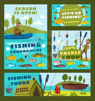 Fishing tournament, big fish catch season and fisher tackles and baits shop discount posters. Vector fisher man with rod in boat catching carp, pike or sheatfish and salmon in sea or river