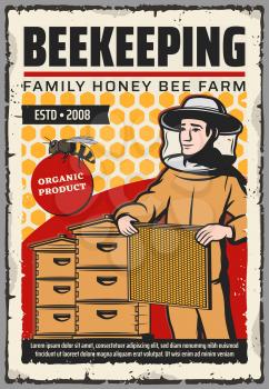 Beekeeping farm with honey bee, beehives and beekeeper vector design. Apiary bee hives, honeycombs and apiarist with beeswax frame, protective suit, hat and mask. Sweet food, apiculture themes