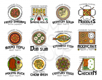 Chinese cuisine food isolated logos. Vector fried shrimps with cashew, spring rolls and wonton soup, noodles and mapo tofu, dim sum and steamed fish, mooncake and peking duck, chow mein and chicken