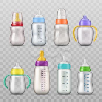 Baby milk bottles icons isolated on transparent. Vector glass and plastic bottles with silicone rubber pacifiers and covers. Sterile containers with measure scale sign to store liquids and water drinks