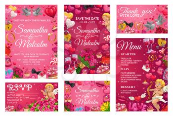 Save the date, bride and groom names calligraphy, menu template and thank you or rsvp wedding card. Vector marriage and love, cupids and engagement rings. Wine and desserts, flower bouquets and birds