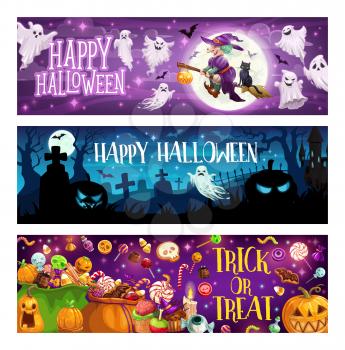 Happy Halloween, trick or treat, autumn holiday. Vector witch and broom, cat and ghosts, moon and bat, cemetery and gravestones. Jack lantern or pumpkin, candies and lollipops, cookies and cupcakes