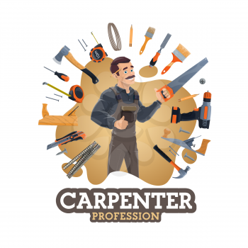 Carpenter profession and frame of work tools. Vector repair and building instruments, construction and renovation. Saw and screwdriver, pliers and meter, hammer and nails, brush, handyman items