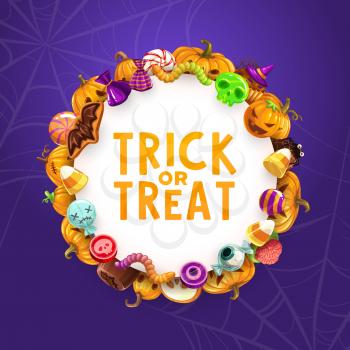 Halloween trick or treat sweets and pumpkins vector greeting card. Horror holiday candies, chocolate and cakes, lollipops, cookies and jellies in shape of skull, ghost and bat, zombie brain, eyeball