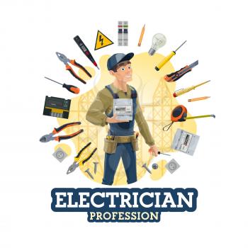 Electrician profession, man and work tools, electrical equipment. Vector lineman, counter and screwdriver, light bulb, electric services worker. Pliers, socket, knife and voltage tester, warning sign