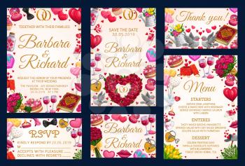 RSVP thank you card on wedding party, frame of bridal holiday attributes, menu template. Vector Save the date invitations, starters, enteres and desserts, accepts or declines. Love and hearts, flowers