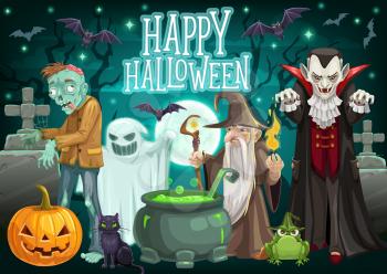 Halloween monsters on cemetery vector greeting card of october holiday. Pumpkin lantern, ghost and bats, witch cauldron, dracula and cat, zombie and wizard. Trick or treat and horror party design
