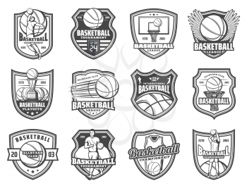 Basketball vector badges with sport game balls, team players and winner trophy cup, basket board with hoop and score, uniform jersey and wings on retro shields. Basketball club and tournament design