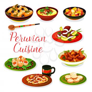 Peruvian cuisine seafood, vegetable and meat dishes vector design. Fish ceviche, chicken in nut sauce and beef stew, cookie alfajores, baked potato with olives, corn soup and shrimp croquettes