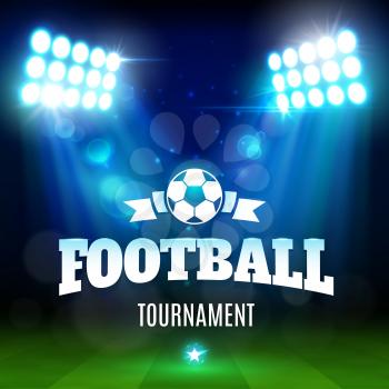 Football or soccer sport game tournament 3d vector poster. Stadium with ball, green play field and sporting arena lights, championship match promo banner, decorated with star and sparkles