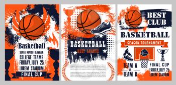 Basketball sport tournament halftone posters with orange balls, winner trophy cups and court with backboard, hoop and basket, team player sneakers, wings and flames. College league competition match