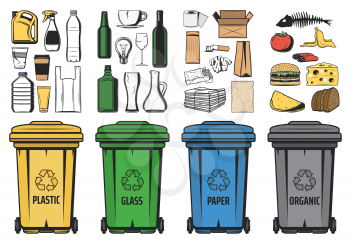 Waste sorting for recycling vector design. Sorted recycle bins with organic garbage, plastic, paper and glass trash, food, bottles, cardboard boxes and newspaper. Waste management, segregation themes