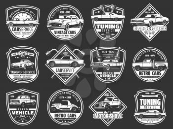 Car repair, retro vehicle tuning and auto service vector badges. Vintage cars with motor engine spare parts, wrench and spanner, pistons, spark plugs and speedometer. Mechanic workshop or auto garage