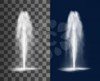 Vertical fountain with cascade of water jets and splashes, vector isolated realistic 3d on transparent background. Waterfall stream spray of fountain water jets or geyser and aqua spring eruption