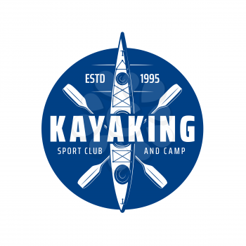 Kayaking sport club icon with kayak boat or canoe paddle rowing, vector. Kayak club and camp, river or lake and sea rafting sport activity and extreme adventure, blue emblem
